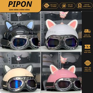  Mũ bảo hiểm nửa đầu kính phi công kèm tai mèo và bông hoa kuromi dễ thương nón bảo hiểm nửa đầu chính hãng Long Thanh 