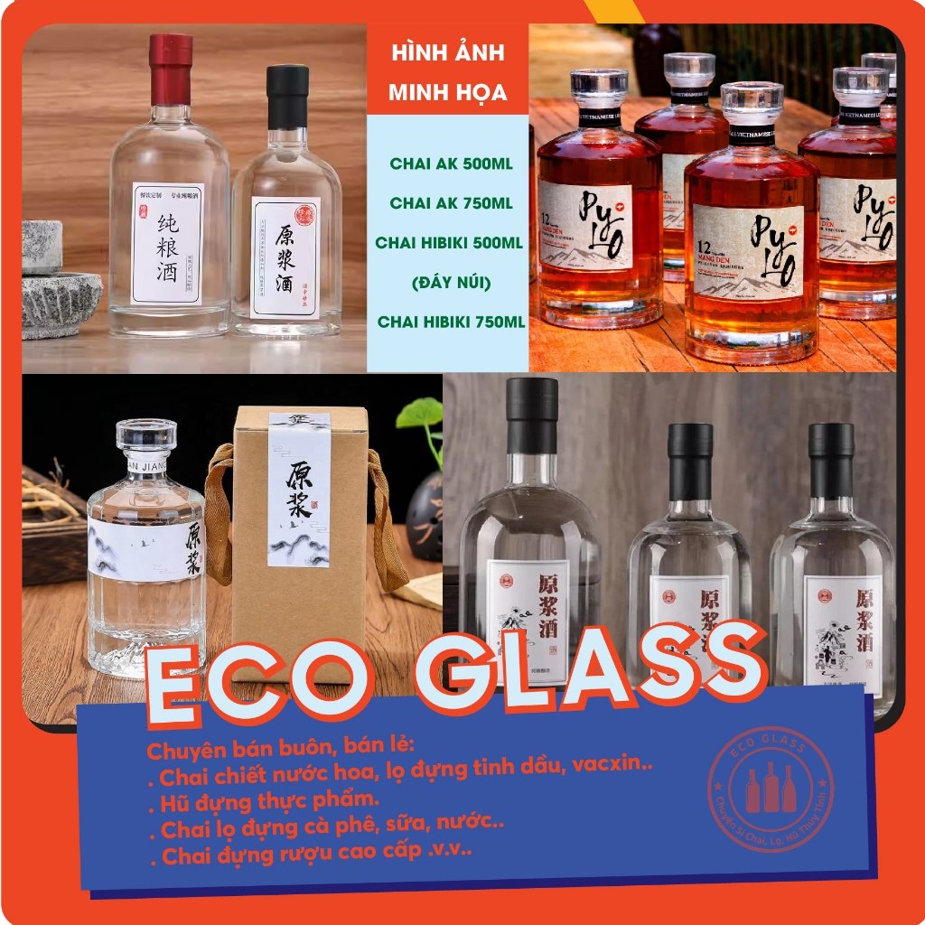 Bộ Chai Thủy Tinh Cao Cấp AK 500ml, AK 750ml, Hibiki 500ml, Hibiki 750ml – Trưng Bày Decor