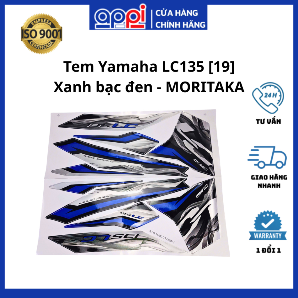 Tem LC 135 V7, Exciter 135-2014 xanh bạc đen chính hãng Moritaka F1627Y-LC135