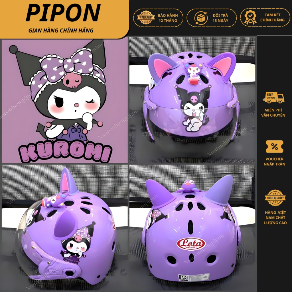 Nón bảo hiểm trẻ em Kuromi, Labubu, Cabypara cute, mũ bảo hiểm gắn sticker 3D chính hãng bảo hành 1 năm đạt chuẩn ATGT