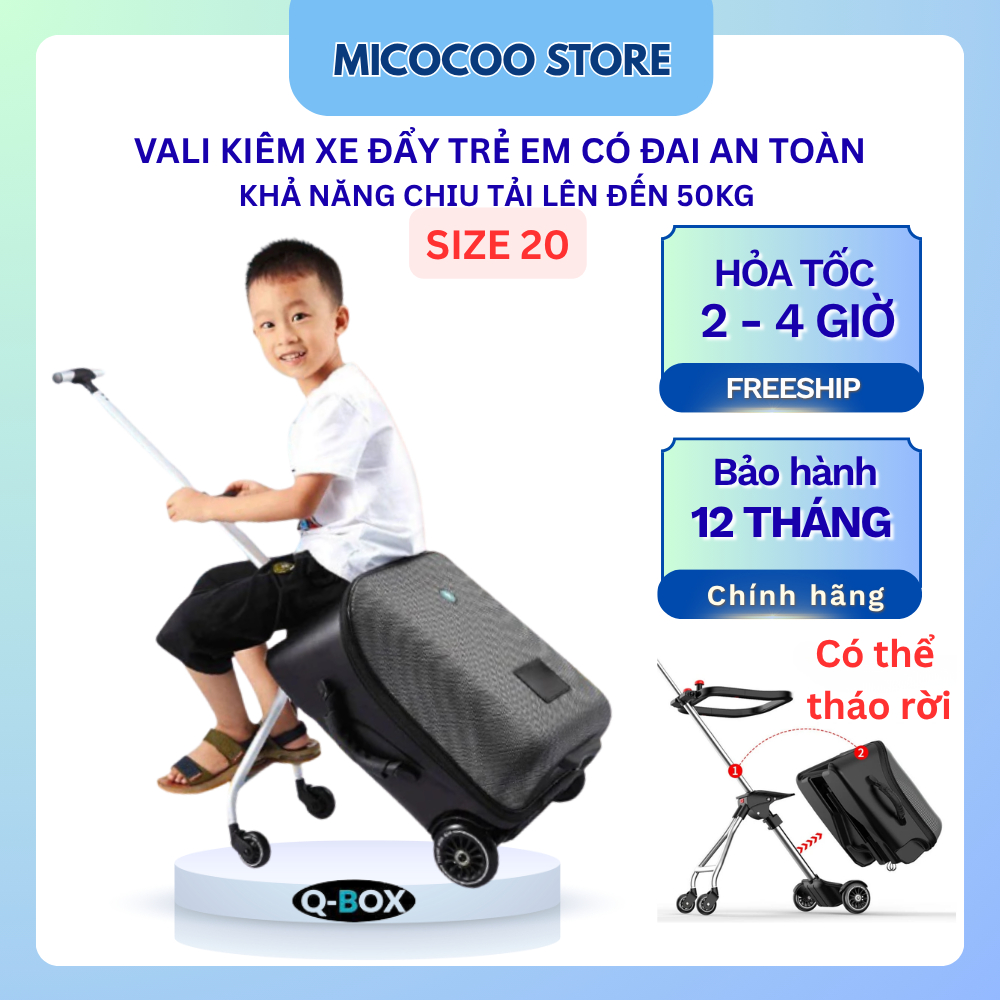 Vali du lịch 2in1 kiêm xe đẩy em bé có đai an toàn và khóa hải quan , Vali ghế ngồi cho bé chính hãng QBox