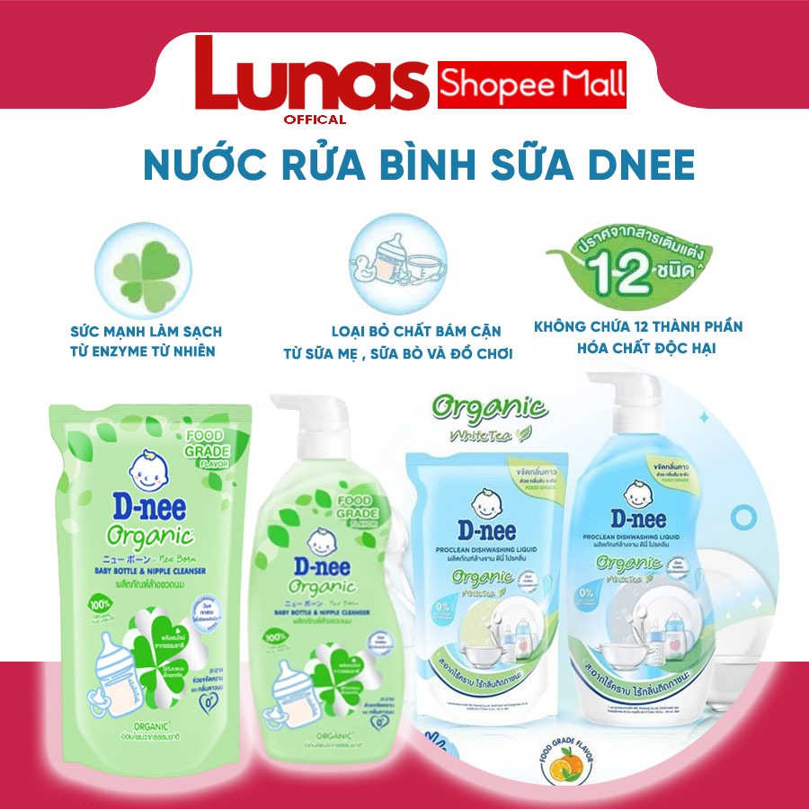 Nước rửa bình sữa Dnee Organic túi 550ml chai 600ml chính hãng có tem phụ - an toàn cho bé