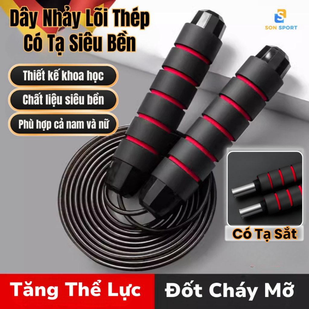 Dây Nhảy Thể Dục Lõi Thép Có Tạ Sắt Chiều Dài 2,7m Tay Cầm Có Mút Xốp Êm Chống Trượt, Rèn Luyện Thể Lực, Muay,Boxing