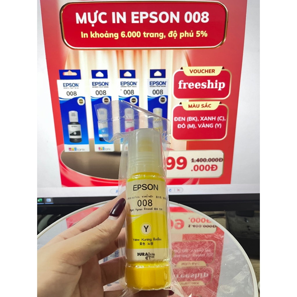Mực Epson 008Y – Màu Vàng (Yellow) – Bóc Máy Chính Hãng Epson – Dành Cho Máy L15150 / L6490 / L15160