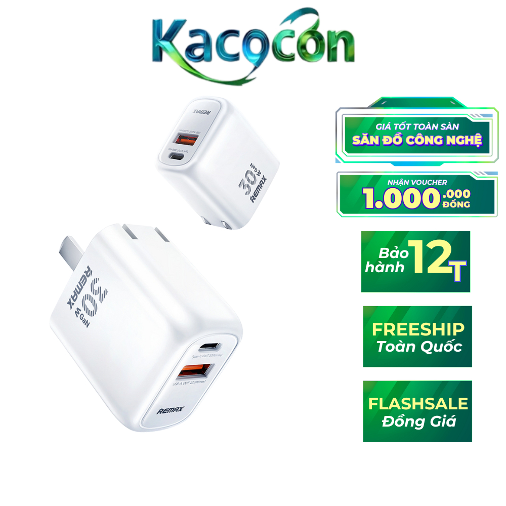 Củ sạc nhanh Remax CA-18 (AC30W) GaN gập gọn – Sạc nhanh PD 30W, 2 cổng Type-C + USB A