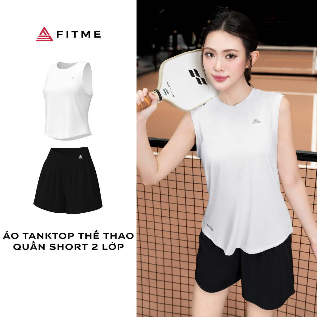 Bộ đồ tập gym yoga nữ Fitme thoáng khí thấm hút tốt áo tanktop trắng, quần short đen