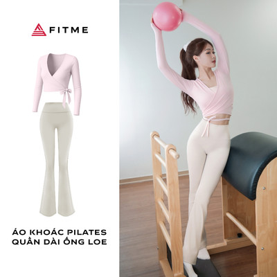 Bộ đồ tập pilates yoga nữ Fitme áo khoác hồng pastel Glow quần ống loe lightgrey tôn dáng thoải mái