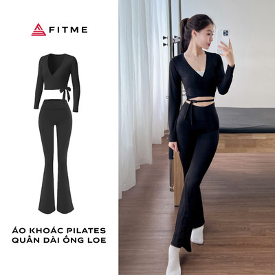 Bộ đồ tập pilates yoga nữ Fitme áo khoác Glow quần ống loe đen co giãn tôn dáng, thấm hút mồ hôi