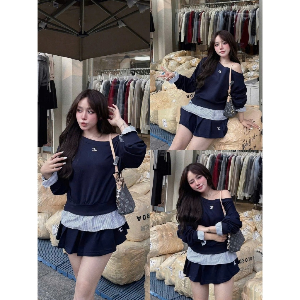 Set Áo Nỉ Lệch Vai Pha Kẻ Thêu Tag Sắc Nét Phối Kèm Chân Váy Xếp Ly Màu Xanh Than Siêu Tôn Da-Ảnh Th