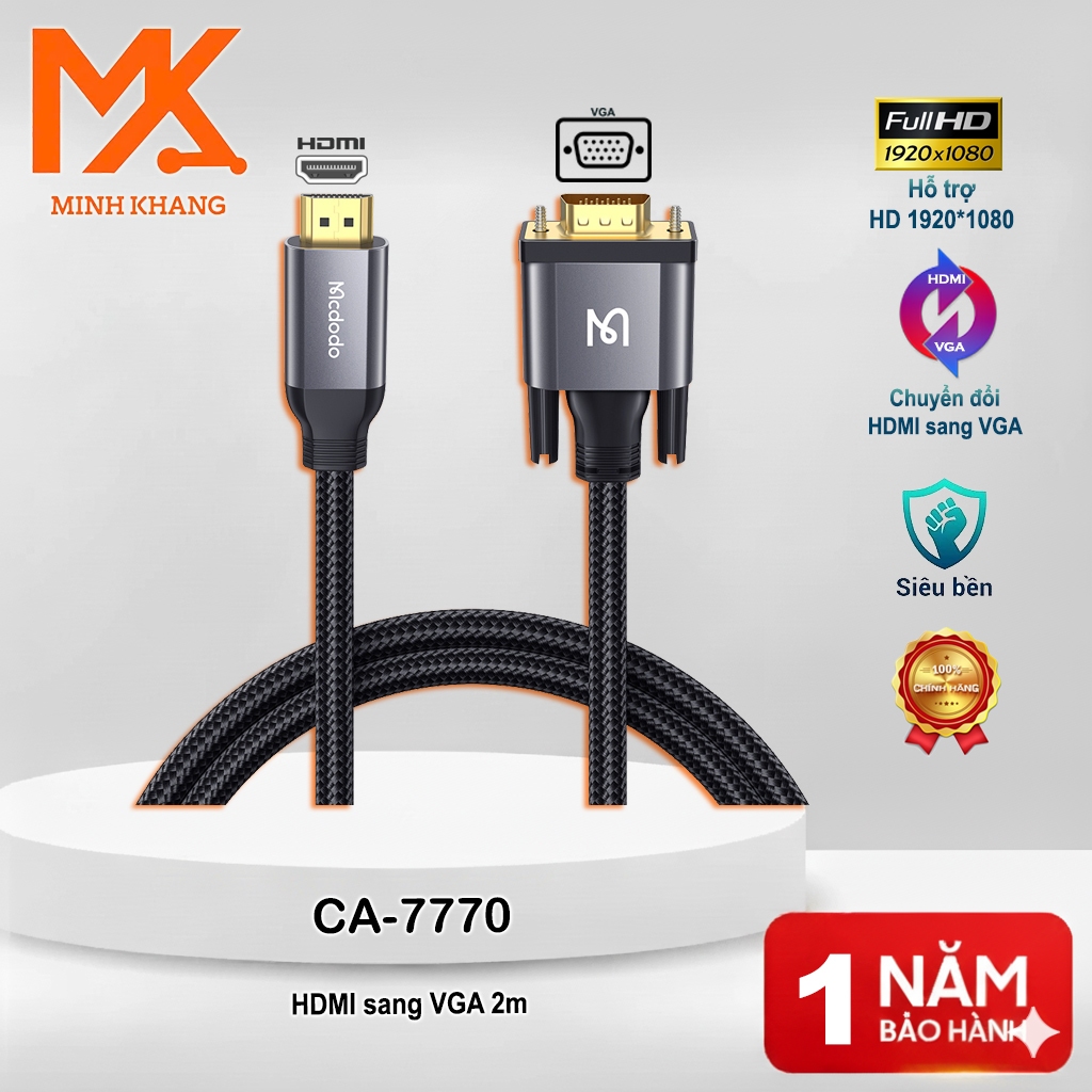[Chính Hãng] Cáp Chuyển Đổi Mcdodo CA-7770 HDMI Sang VGA Dài 2m – Hỗ Trợ Full HD 1080P, Cắm Là Chạy