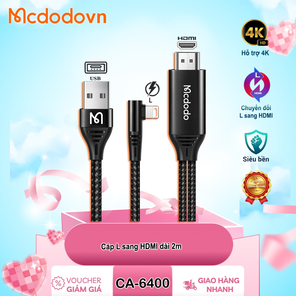 Cáp Mcdodo CA-6400 L to HDMI – Dài 2m – Hỗ Trợ iPhone/iPad Truyền Hình Ảnh Ra TV