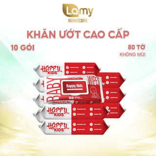 Thùng 10 gói khăn ướt Happy Kids Đỏ không mùi gói 80 tờ siêu tiết kiệm cho em bé
