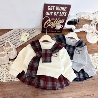  Set nỉ thu đông Poba kids  M-210  cho bé gái. Áo thuỷ thủ kitty mix chân váy dạ kẻ có lót bảo hộ 