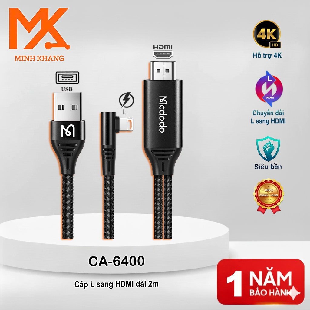 Cáp Mcdodo CA-6400 L to HDMI – Dài 2m – Hỗ Trợ iPhone/iPad Truyền Hình Ảnh Ra TV