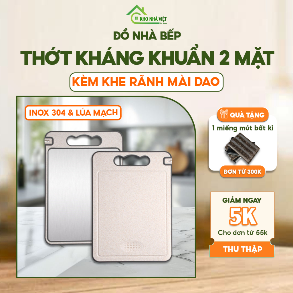 Thớt Kháng Khuẩn 2 Mặt Inox 304 & Lúa Mạch – Kèm Khe Mài Dao, Chống Trượt, Tiện Lợi Cho Gia Đình Siz