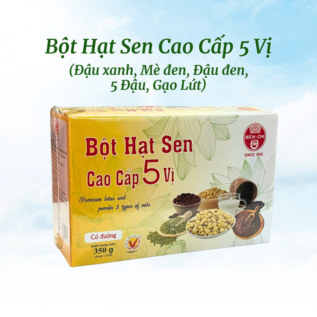 Bột hạt sen cao cấp 5 vị có đường (350gr/hộp) - Đậu Xanh, 5 Thứ Đậu, Đậu Đen, Mè Đen, Gạo Lứt Hòa Ta