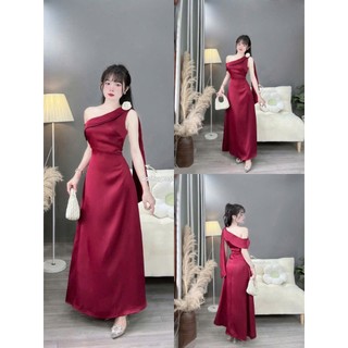 Đầm thời trang Nữ dạ hội tiệc tùng chất tuyết nhung dài suông trễ vai 1 bên đính hoa vai đơn giản mà cuốn hút 