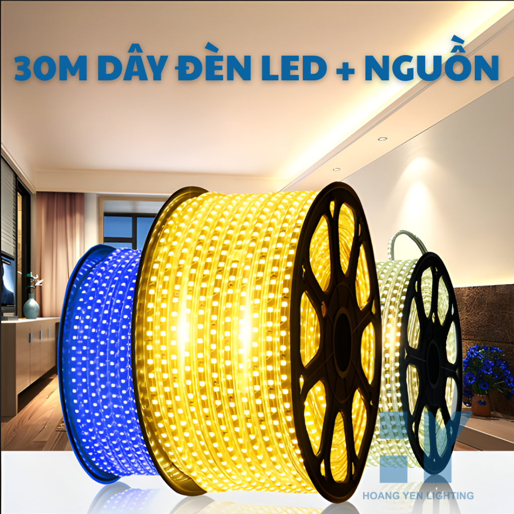 Combo 30M Dây Đèn LED 2835 2 Hàng Bóng + Nguồn | Ánh Sáng Vàng – Trắng – Xanh Dương | Siêu Sáng