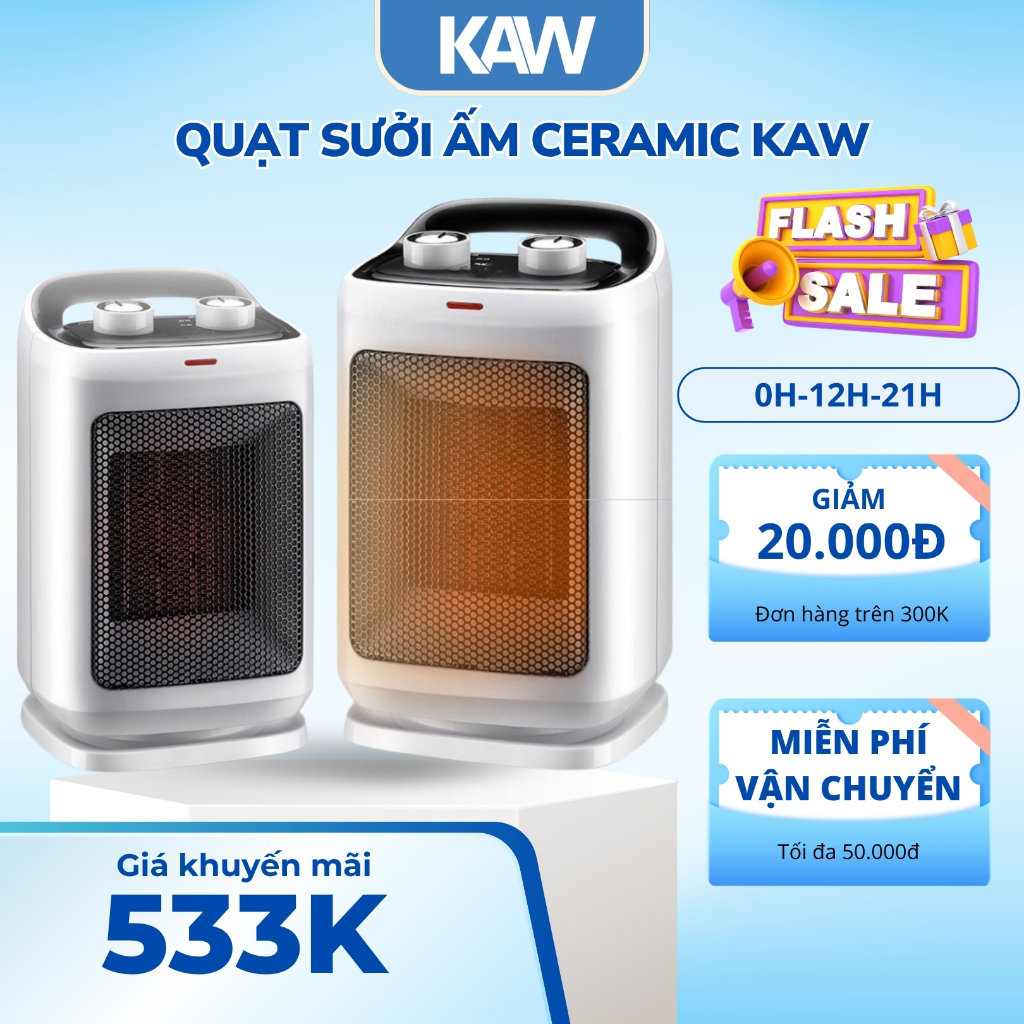 Quạt Sưởi Ceramic KAW K3000 Công Suất 1500W, Ấm Nhanh Không Khô Da, Tự Động Ngắt Điện, Bảo Hành 24 Tháng