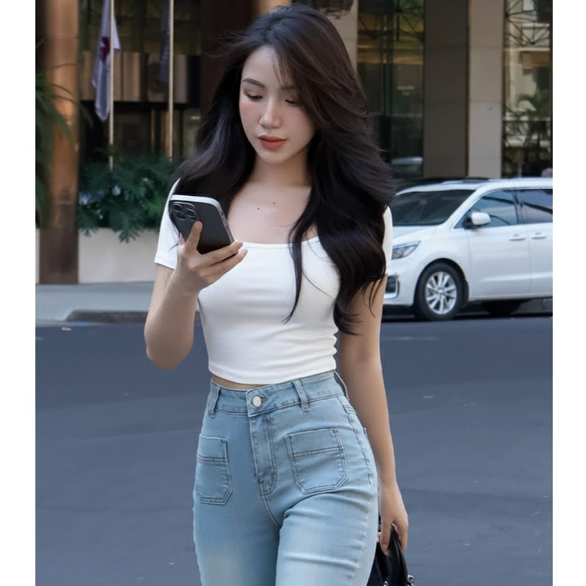 Áo thun croptop tay ngắn cổ vuông basic A-57