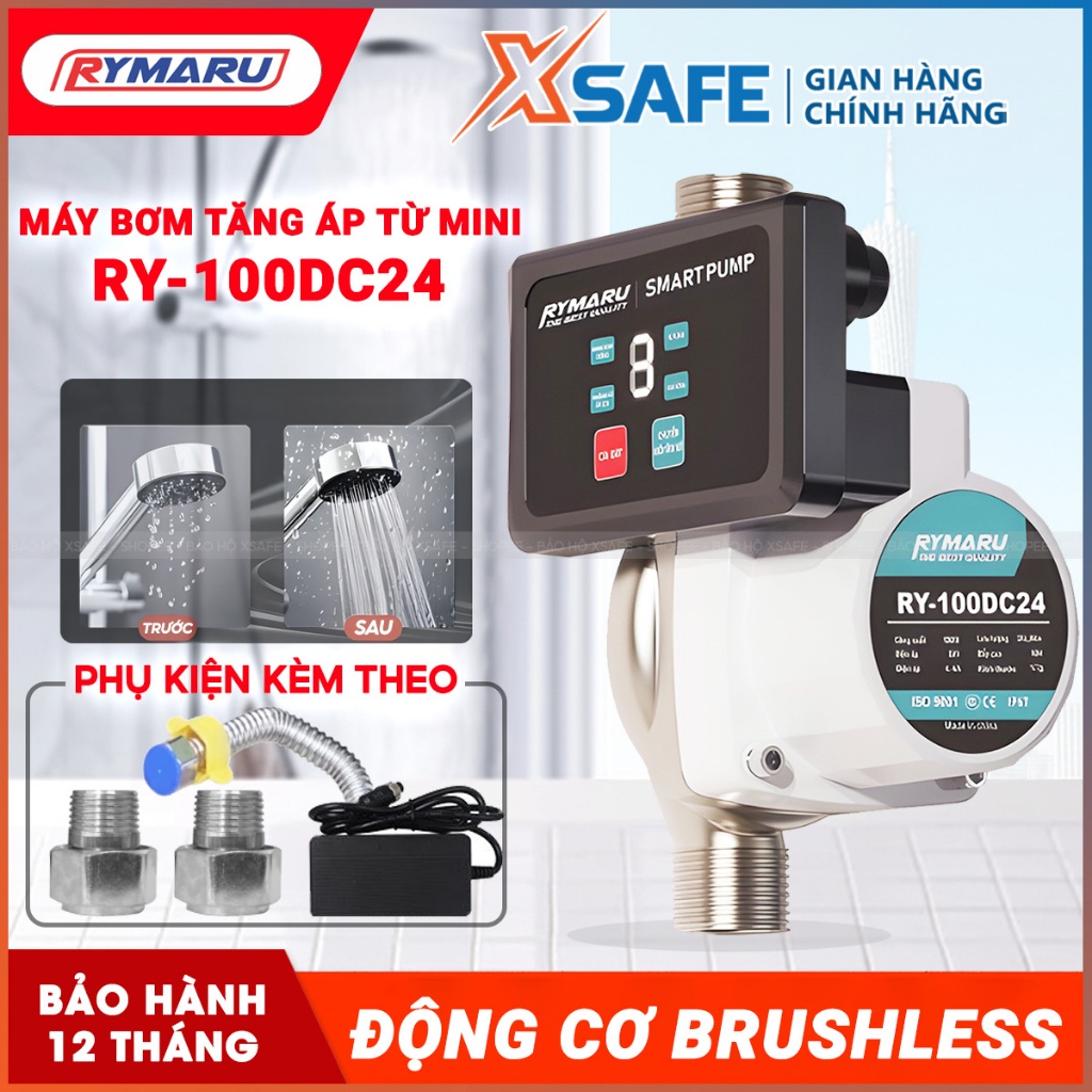 Máy bơm tăng áp lực nước RYMARU RY-100DC24 phi 27mm, công suất 100W dùng cho vòi sen, bình nóng lạnh