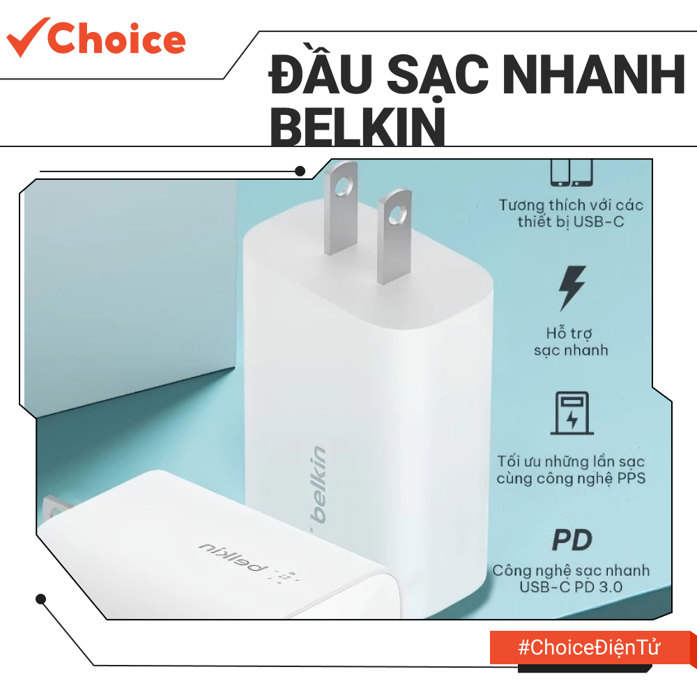 [Choice] Đầu Sạc Adapter Belkin EL1-2840-3 Pd 25w, Usb-C, Wall Charger, White, Wca004krwh
