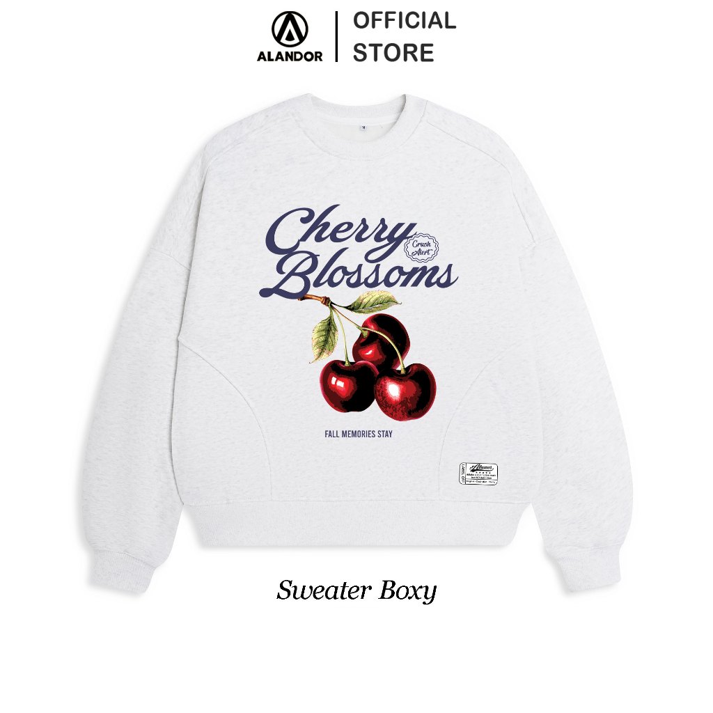 Áo Sweater Boxy ALANDOR Dáng Ngắn Tay Phồng 100% Nỉ Bông Cotton MẪU BOXY CHERRY