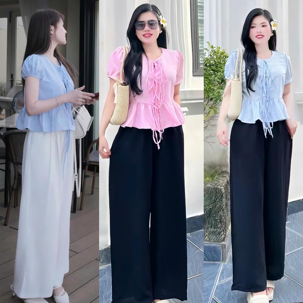 Set đồ nhẹ nhàng thanh lịch: áo sọc tay bồng phối nơ và quần Đũi suông trắng đen cao cấp 50-80kg. Ou