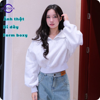  Áo sweater nỉ boxy croptop cổ bẻ tay phồng nữ ozenka  áo thu đông basic cổ v tay dài nỉ 2 da màu xám tiêu mặc đi học 