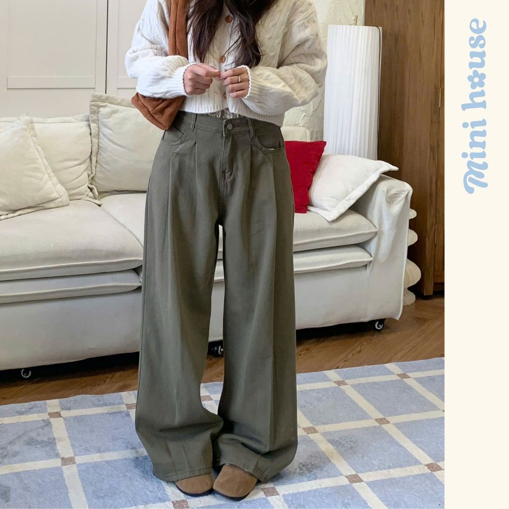 𝐌𝐈𝐍𝐈 𝐇𝐎𝐔𝐒𝐄 - Quần kaki nữ eo nhúm tone MÀU NÂU form ống rộng basic Woman Pants Ong MINI007 | BigBuy360 - bigbuy360.vn