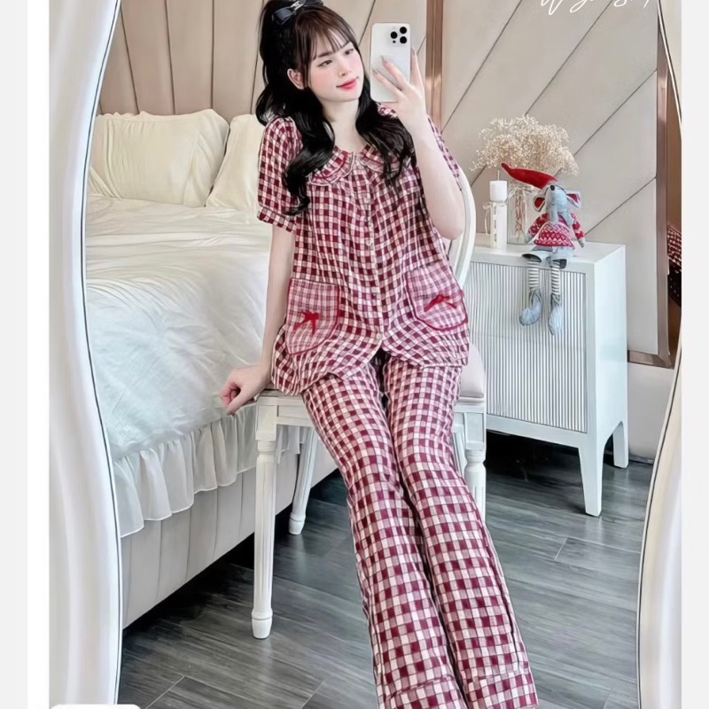 Bộ Mặc Nhà Nữ CD Kẻ Áo Cộc Quần Dài