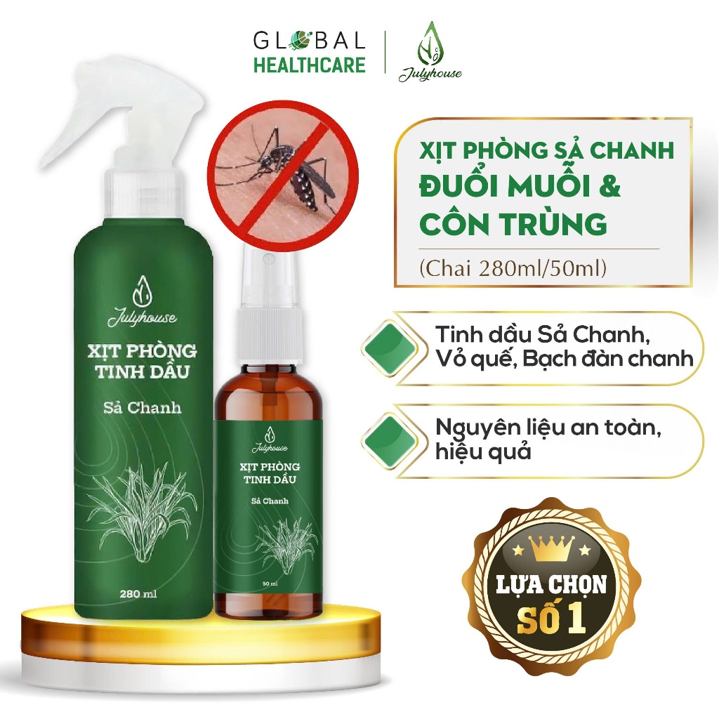 Xịt phòng tinh dầu sả chanh JULYHOUSE đuổi muỗi, côn trùng, thơm nhà, thư giãn (Chai 280ml/50ml)