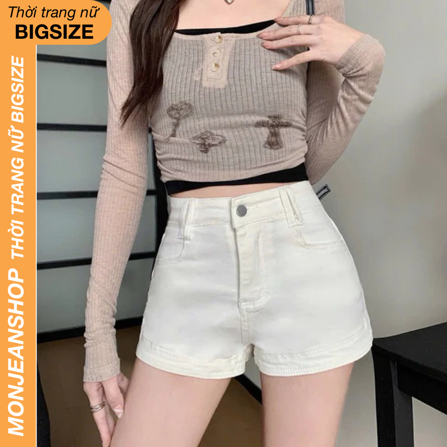 Quần Đùi Nữ Bigsize 40-85kg, Quần Short Jean Ngắn Cạp Cao Dáng Ngắn Màu Trắng Sữa MS10880 | BigBuy360 - bigbuy360.vn