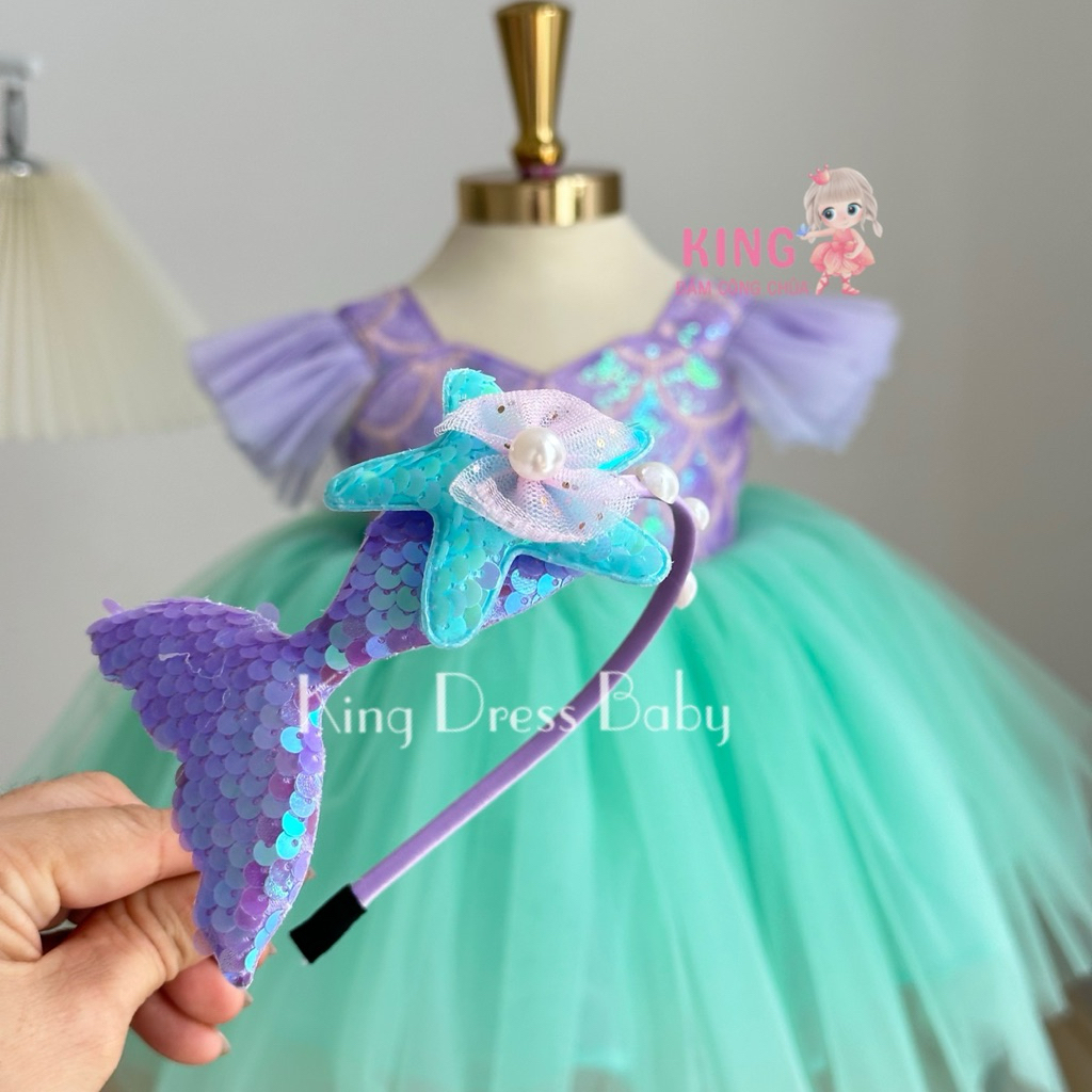 Váy Công Chúa Nàng Tiên Cá Xòe Tutu Cho Bé Gái | Kèm Cài Tóc & Nơ Lưng | Đầm Dự Tiệc Sinh Nhật Lấp Lánh Tím Xanh