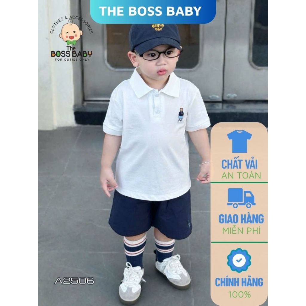 Áo polo thêu gấu cho bé trai - Vải cotton co giãn 2 chiều - Thương hiệu The Boss Baby A2506