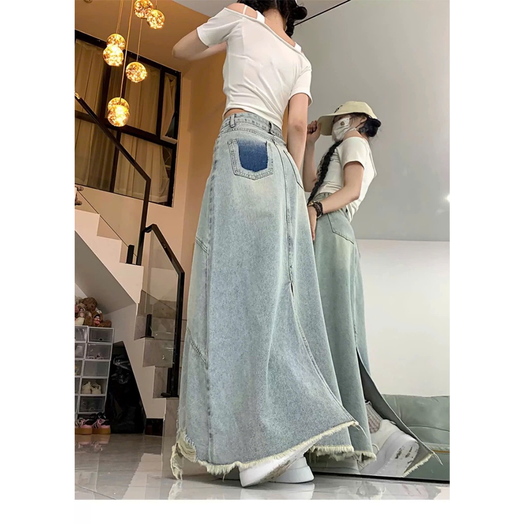 Chân váy jeans nữ dáng dài rách gối cạp cao, chân váy bò chữ A xẻ tà sau phong cách Hàn Quốc ED51 | BigBuy360 - bigbuy360.vn