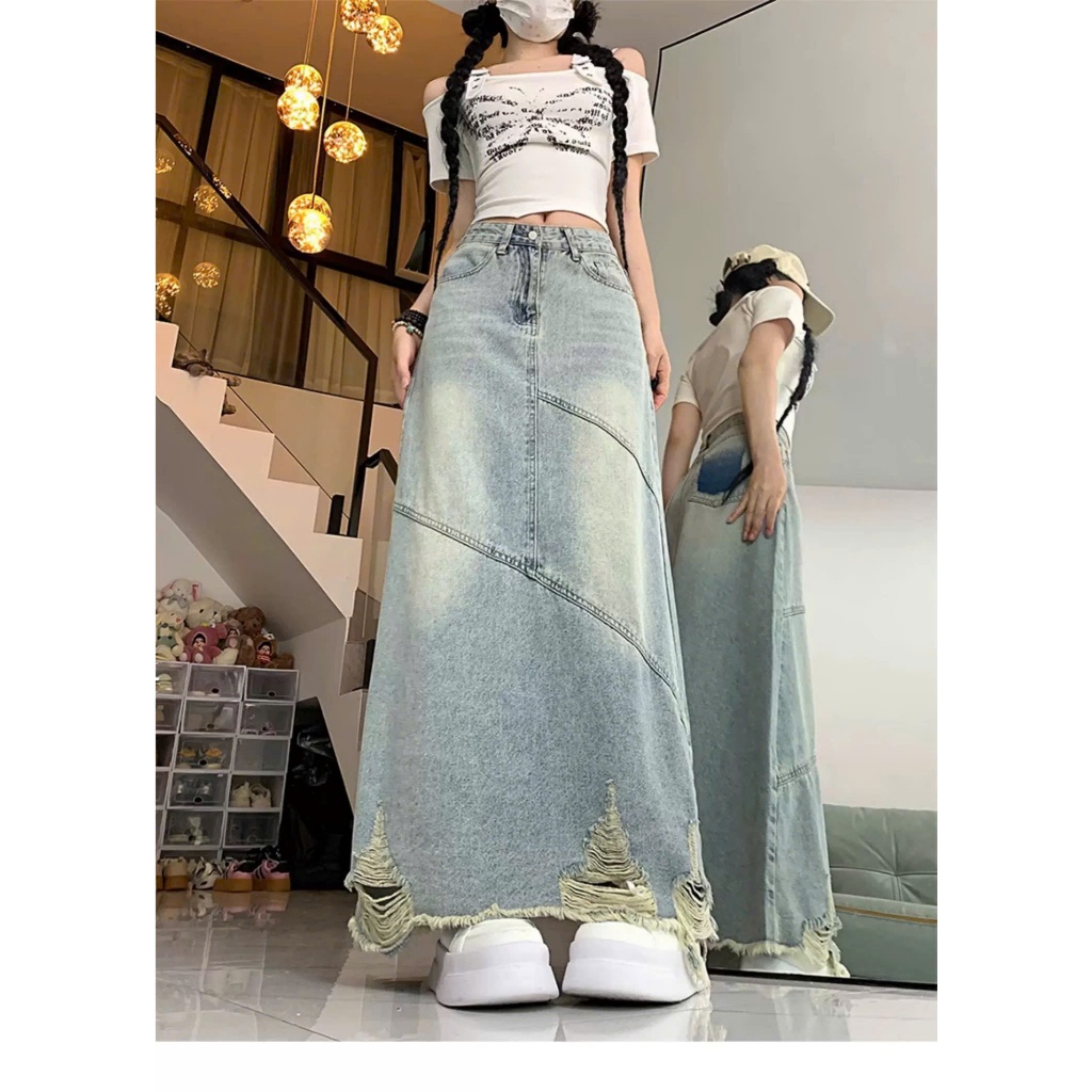 Chân váy jeans nữ dáng dài rách gối cạp cao, chân váy bò chữ A xẻ tà sau phong cách Hàn Quốc ED51 | BigBuy360 - bigbuy360.vn