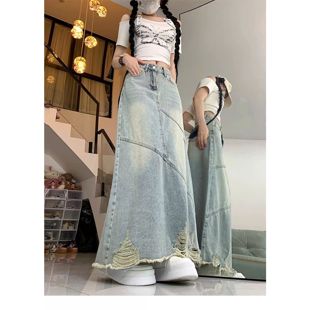 Chân váy jeans nữ dáng dài rách gối cạp cao, chân váy bò chữ A xẻ tà sau phong cách Hàn Quốc ED51 | BigBuy360 - bigbuy360.vn