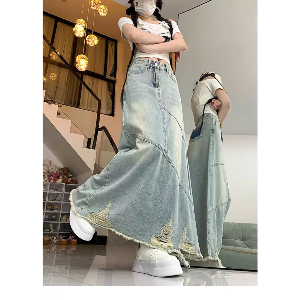 Chân váy jeans nữ dáng dài rách gối cạp cao, chân váy bò chữ A xẻ tà sau phong cách Hàn Quốc ED51 | BigBuy360 - bigbuy360.vn