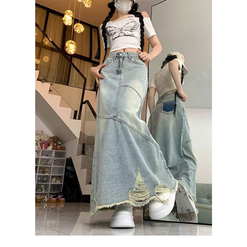 Chân váy jeans nữ dáng dài rách gối cạp cao, chân váy bò chữ A xẻ tà sau phong cách Hàn Quốc ED51 | BigBuy360 - bigbuy360.vn