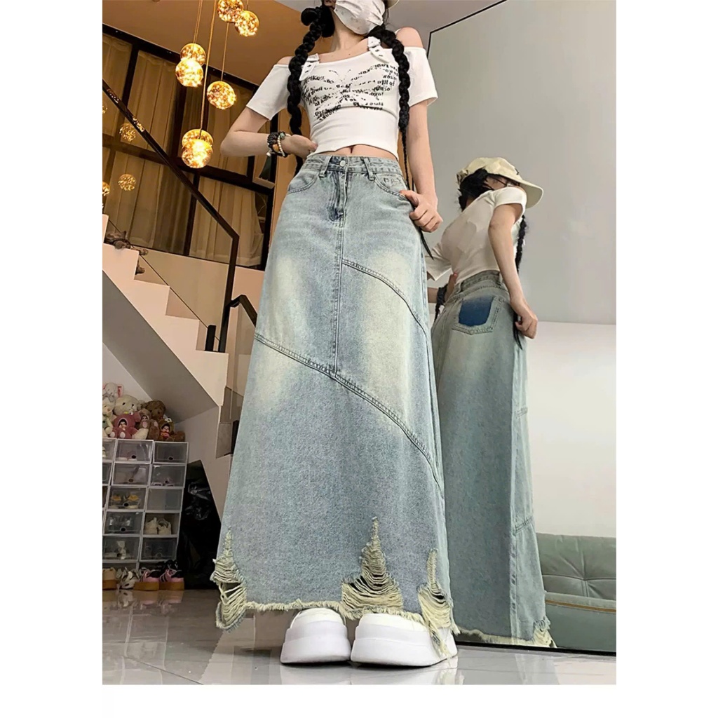 Chân váy jeans nữ dáng dài rách gối cạp cao, chân váy bò chữ A xẻ tà sau phong cách Hàn Quốc ED51 | BigBuy360 - bigbuy360.vn