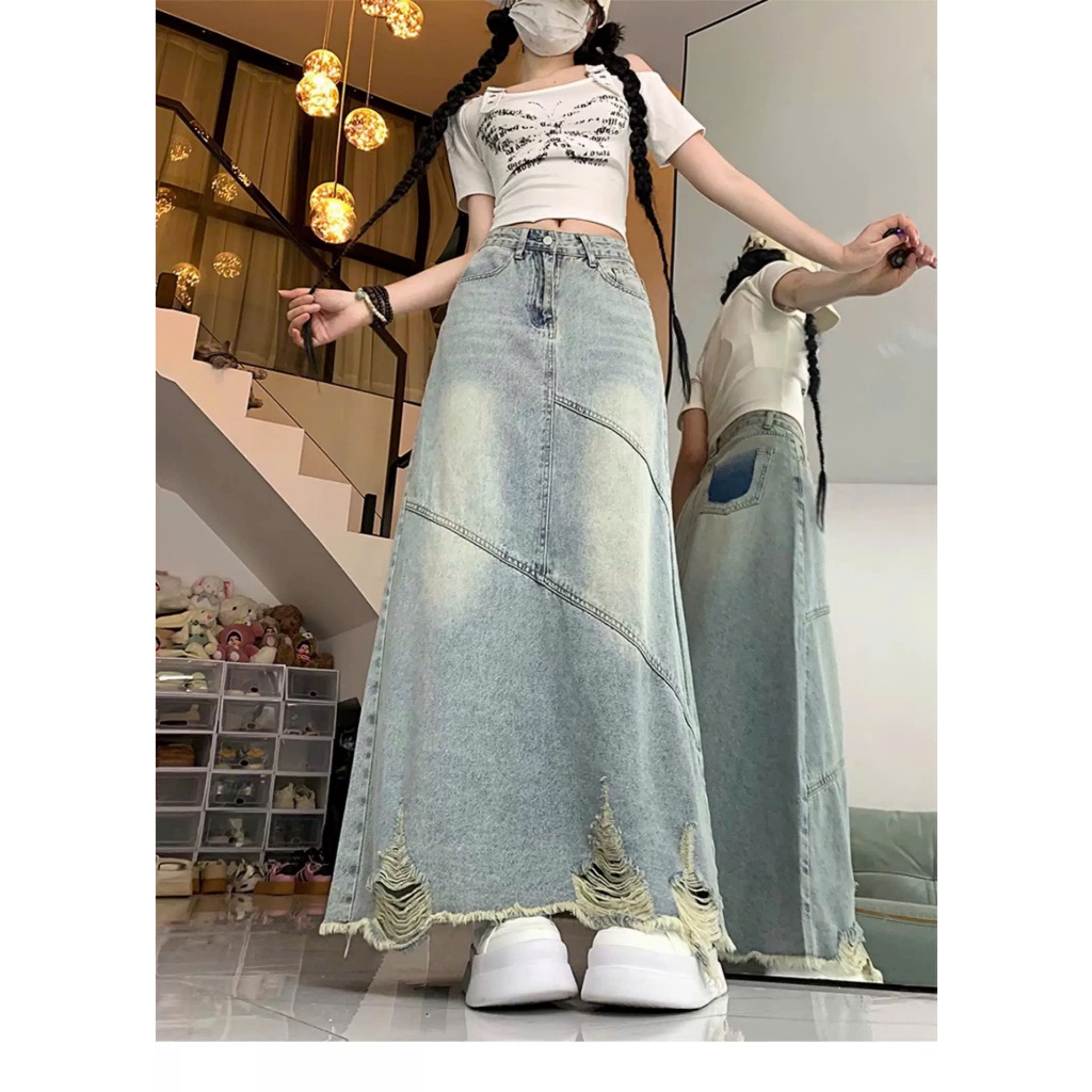 Chân váy jeans nữ dáng dài rách gối cạp cao, chân váy bò chữ A xẻ tà sau phong cách Hàn Quốc ED51 | BigBuy360 - bigbuy360.vn