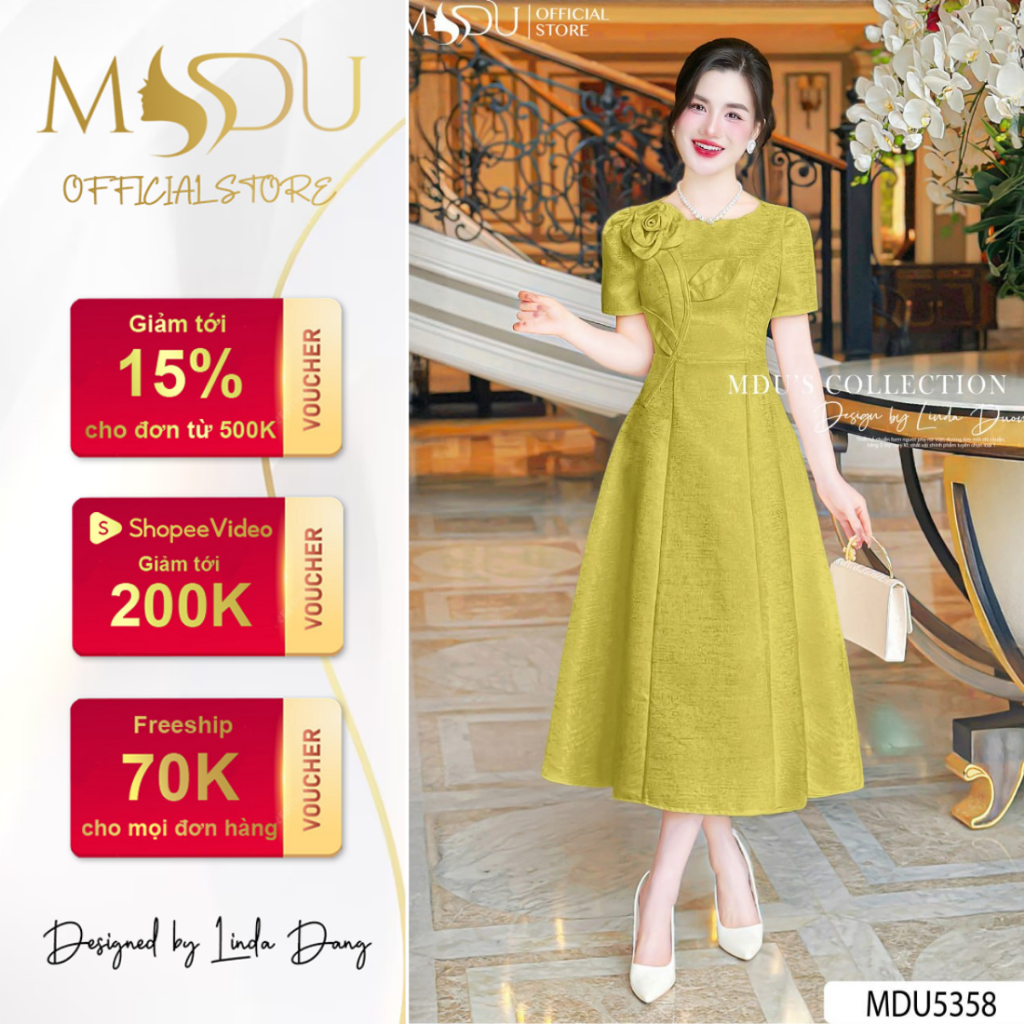 Đầm Dự Tiệc Tôn Dáng Sang Trọng Chất Liệu Tafta Vân Gỗ Màu Vàng Cốm MDU5358 | MDU - ĐẦM VÁY THIẾT KẾ