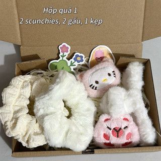 Hộp quà tặng nhiều món gồm gấu, scunchies ... full hộp, giấy rơm và sticker