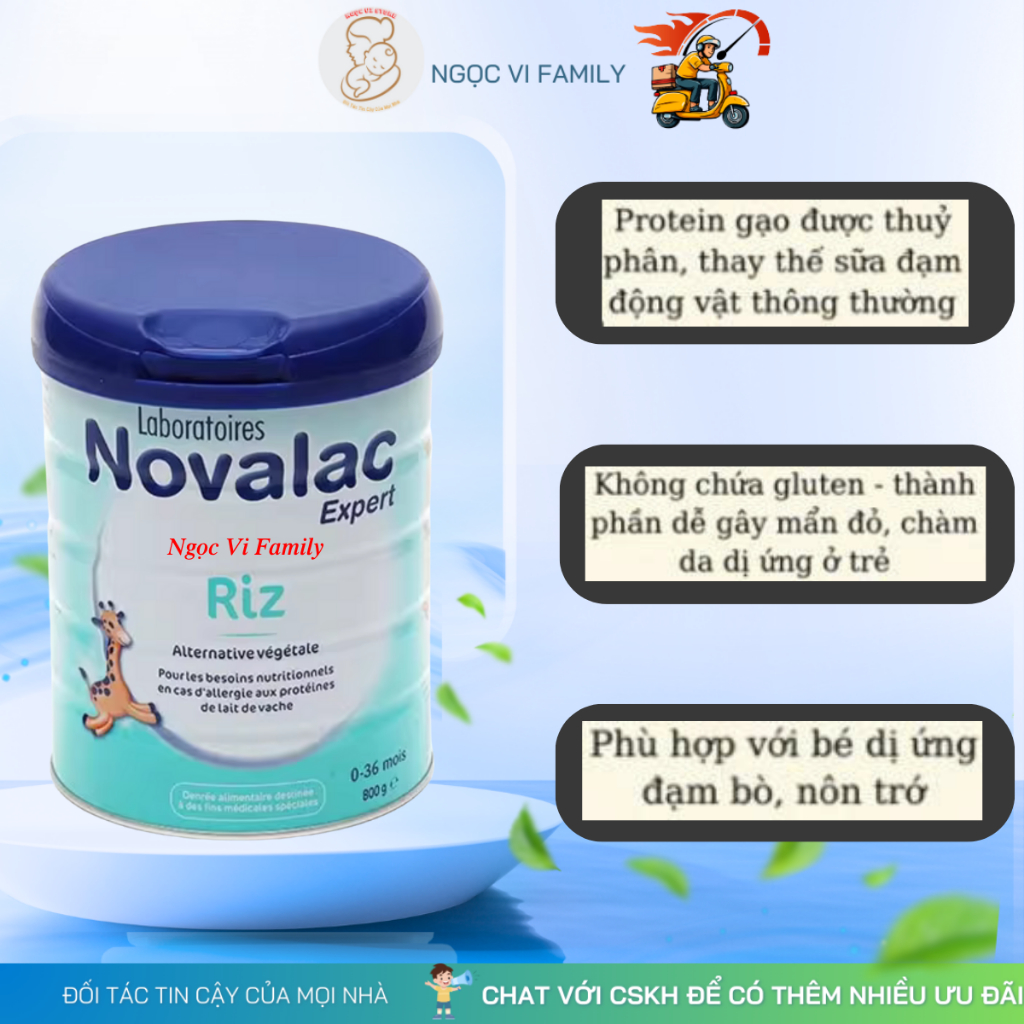 Sữa Novalac Riz sữa gạo thủy phân 800g cho bé dị ứng đạm bò và bất dung nạp lactose, giúp giảm nôn t