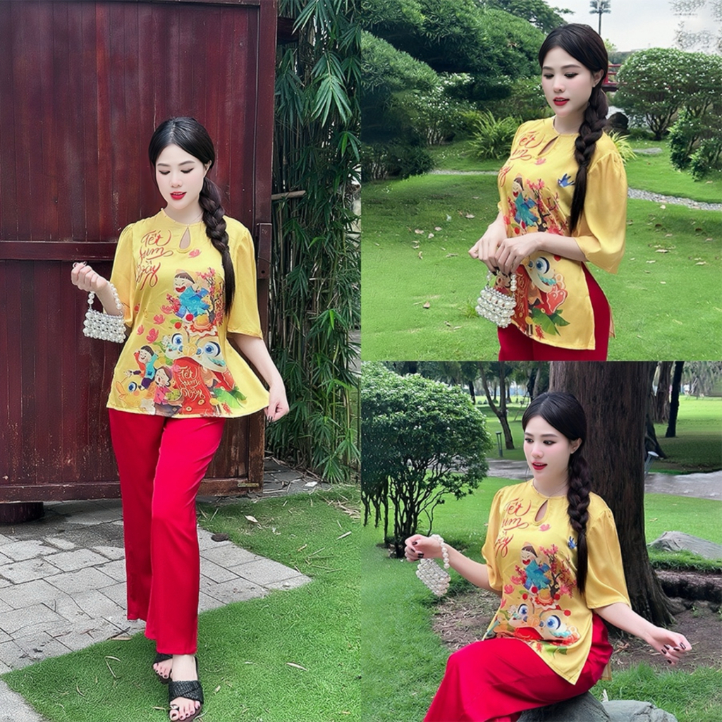 Set Đồ Lam Nữ Z3 Kim Thanh - Áo Bà Ba Lụa Latin Concept Tết Sang Trọng Đi Chùa Size 40-72kg | BigBuy360 - bigbuy360.vn