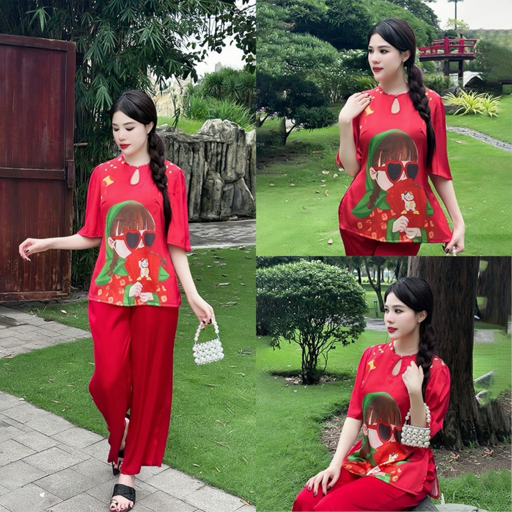 Set Đồ Lam Nữ Z3 Kim Thanh - Áo Bà Ba Lụa Latin Concept Tết Sang Trọng Đi Chùa Size 40-72kg | BigBuy360 - bigbuy360.vn