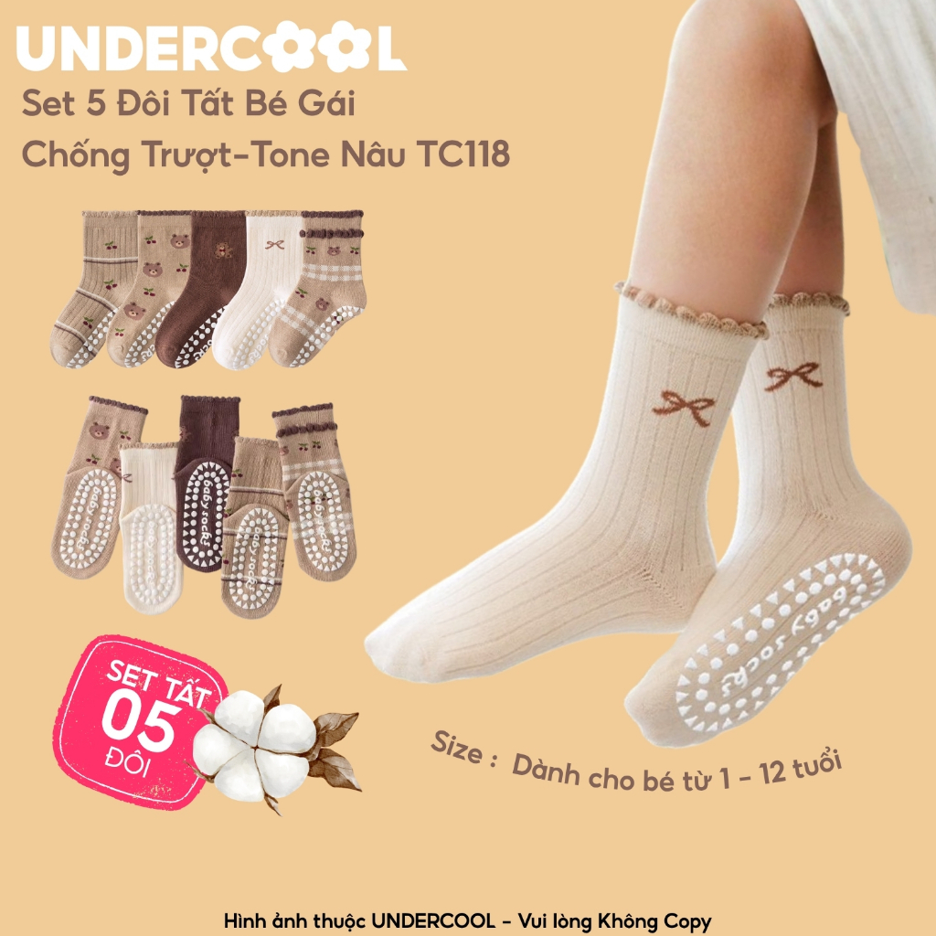 Set 5 Đôi Tất Bé Gái Chống Trượt UNDERCOOL Tone Nâu Cổ Bèo Tone Nâu Họa Tiết Gấu Vintage Họa Tiết Gấu Cherry TC118