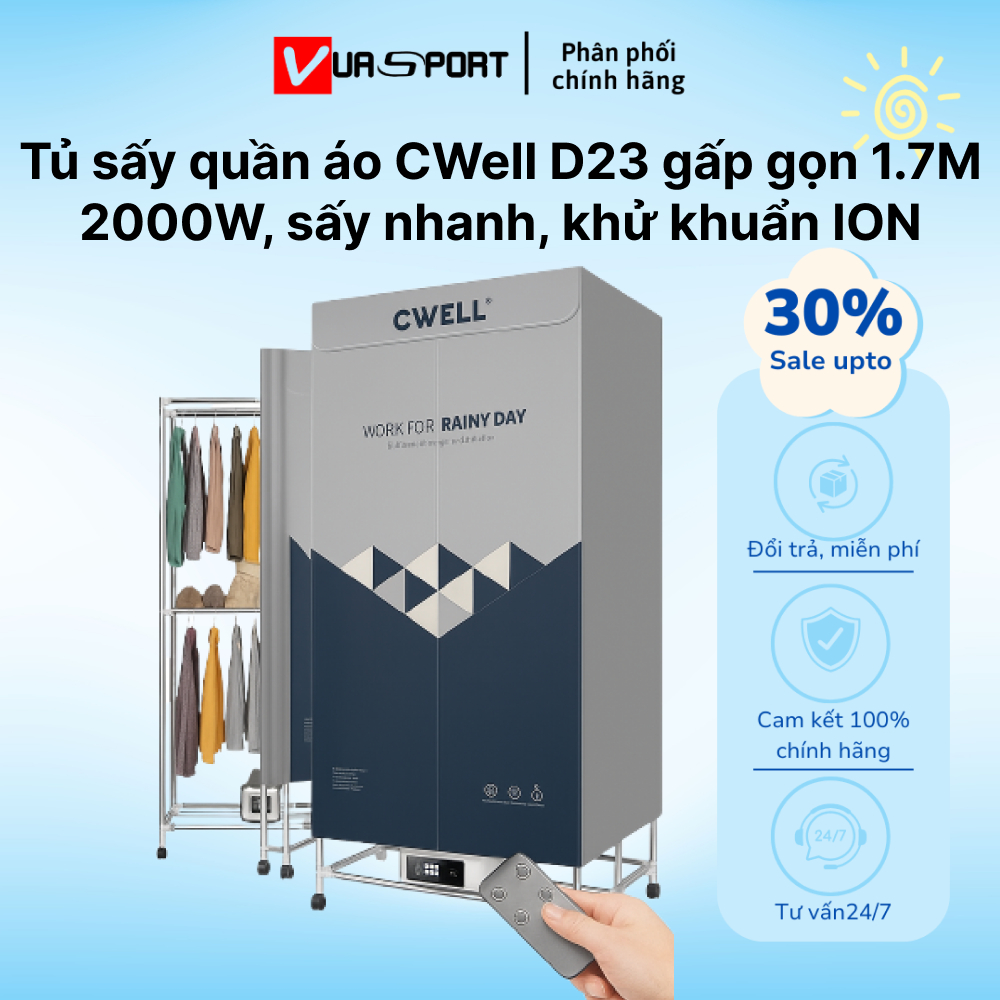 Tủ sấy quần áo, máy sấy quần áo gấp gọn 1.7M, công suất 2000W, sấy nhanh, khử khuẩn ION  CWell D23