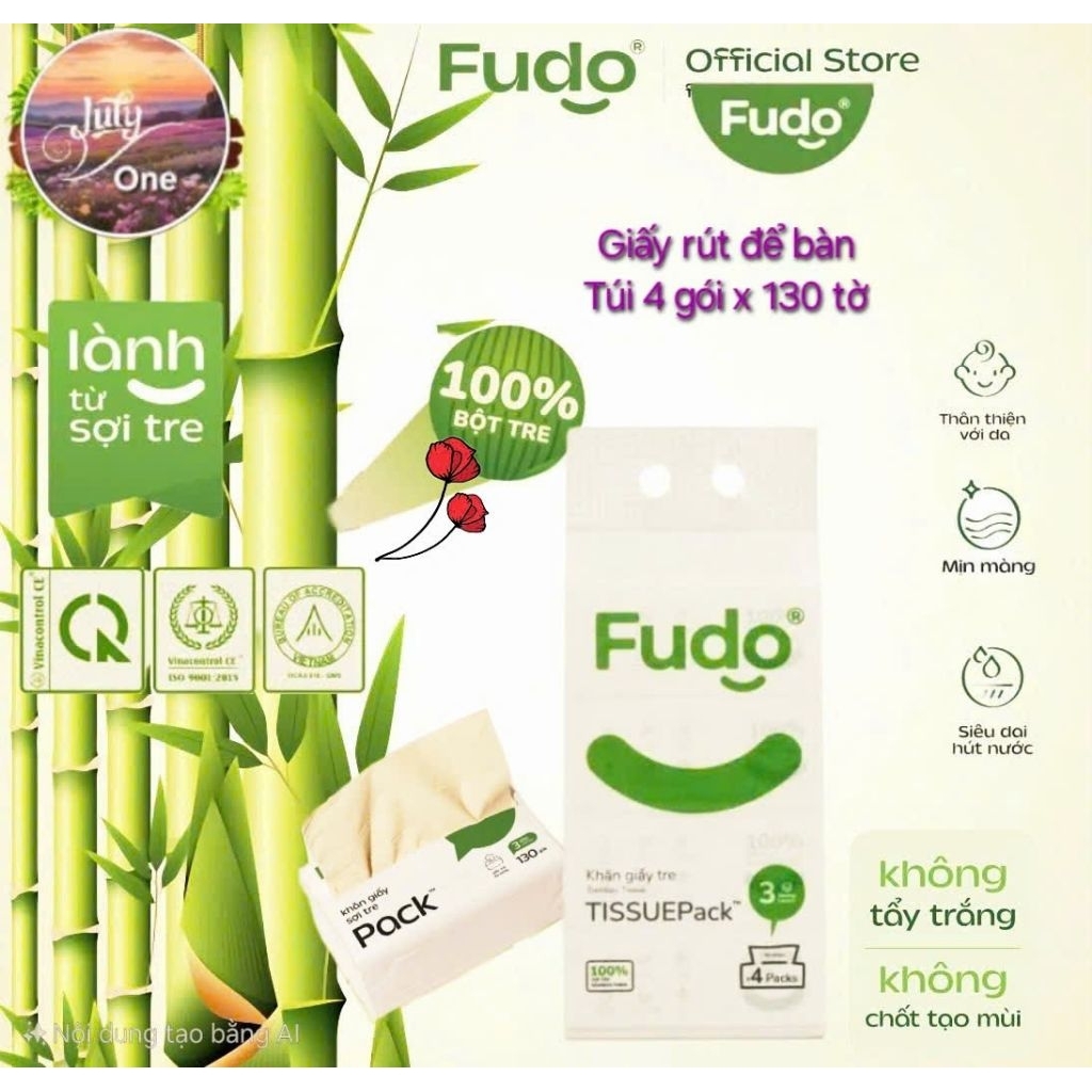 (Fudo) Khăn giấy TISSUE PACK FUDO (Gói 130 tờ x 3 lớp) - Giấy rút sợi tre tự nhiên, không tẩy trắng.